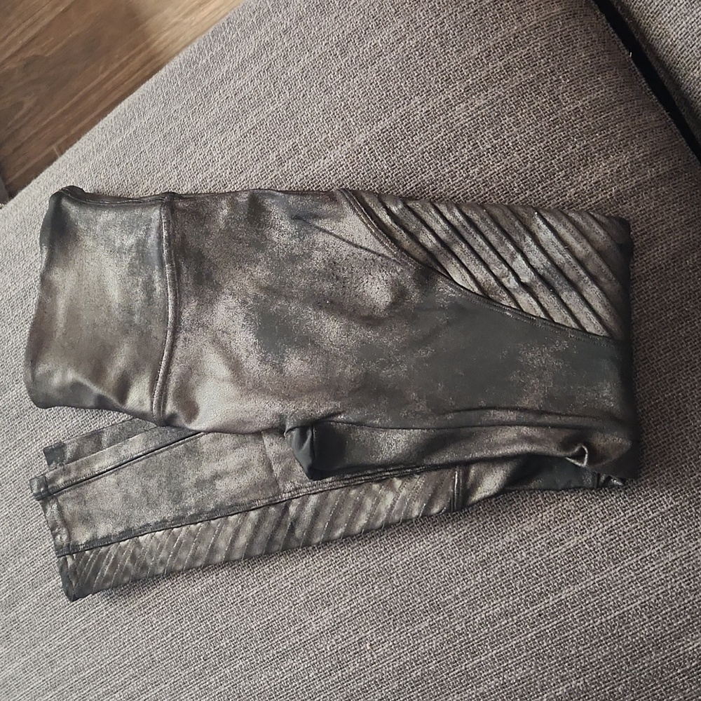 SPANX Moto Leggings Size Small. Black Shiny Gently Used. FLAWS.